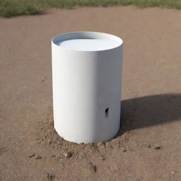 A detailed 3D image of a white cylinder, partially embedded in a natural ground setting.