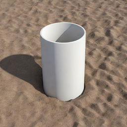 A detailed 3D image of a white cylinder, partially embedded in a natural ground setting.