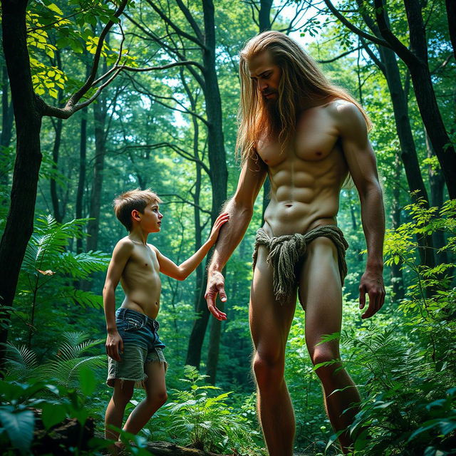A surreal scene in a lush, enchanting forest where a handsome, emaciated giant man with long flowing hair, showcasing defined ribs and obliques, stands proudly and naked