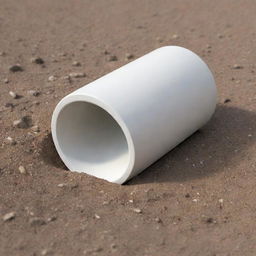 A detailed 3D image of a white cylinder, partially embedded in a natural ground setting.