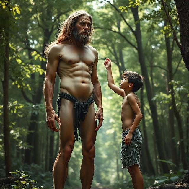 In a mystical forest setting, a handsome, emaciated giant man with long flowing hair and prominent ribs and obliques stands tall, completely naked