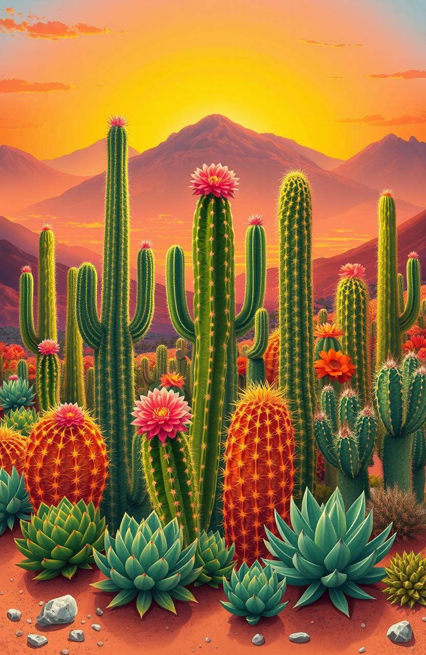 A stunning illustration depicting the diverse cacti and succulents that are part of Chile's botanical heritage