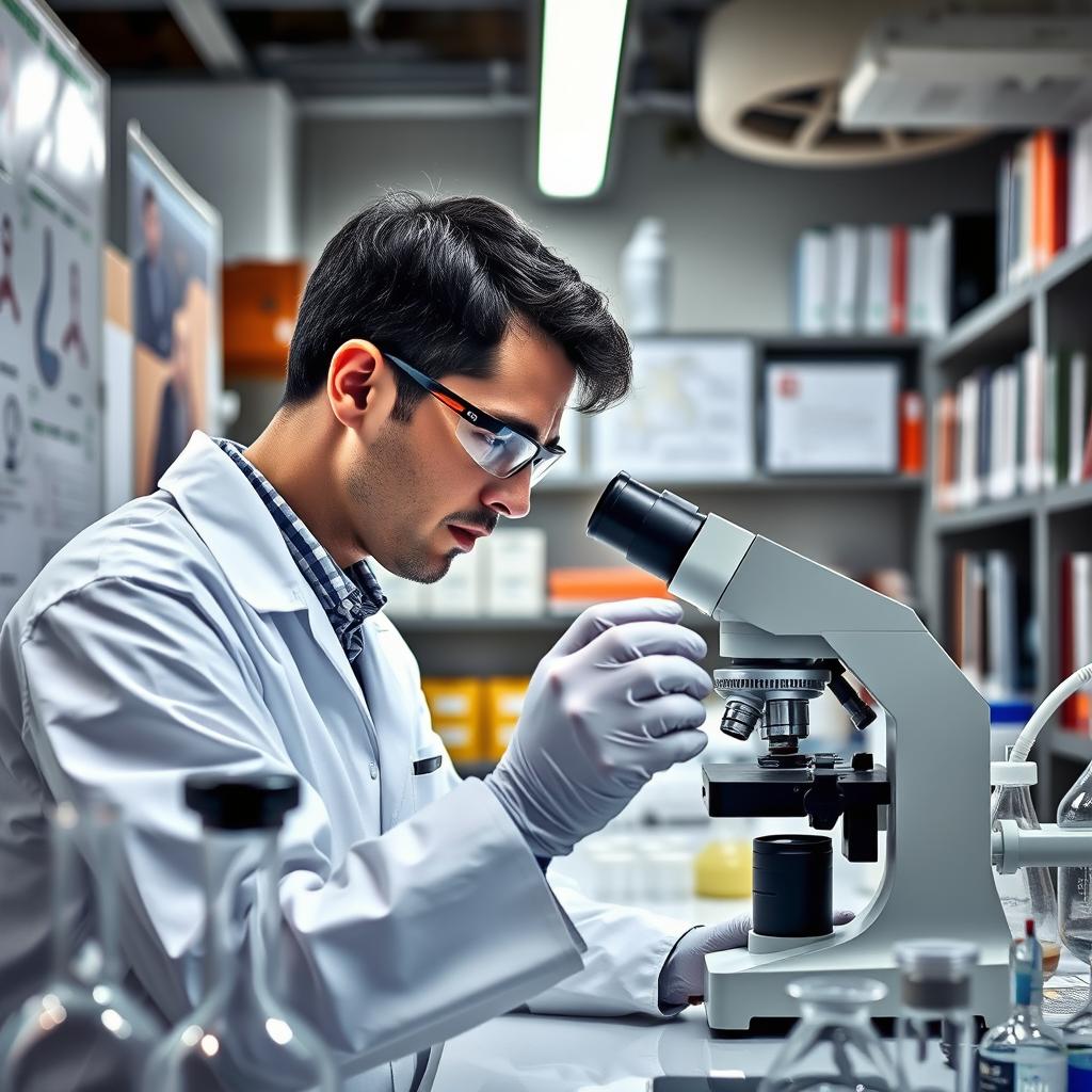 A focused scientist in a modern laboratory, wearing a white lab coat, safety glasses, and gloves, studying samples under a microscope