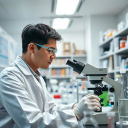 A focused scientist in a modern laboratory, wearing a white lab coat, safety glasses, and gloves, studying samples under a microscope