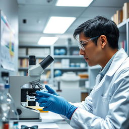 A focused scientist in a modern laboratory, wearing a white lab coat, safety glasses, and gloves, studying samples under a microscope