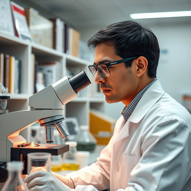 A focused scientist in a modern laboratory, wearing a white lab coat, safety glasses, and gloves, studying samples under a microscope