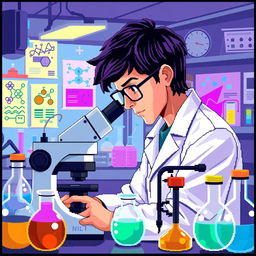 A pixel art depiction of a focused scientist in a modern laboratory, designed in a vibrant and colorful pixel style