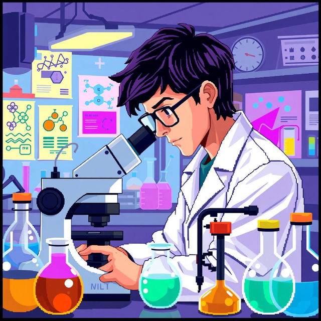 A pixel art depiction of a focused scientist in a modern laboratory, designed in a vibrant and colorful pixel style