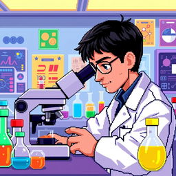 A pixel art depiction of a focused scientist in a modern laboratory, designed in a vibrant and colorful pixel style