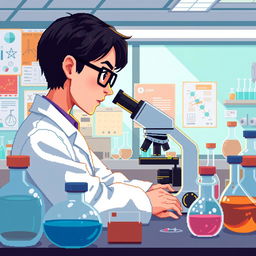 A pixel art depiction of a focused scientist in a modern laboratory, designed in a vibrant and colorful pixel style