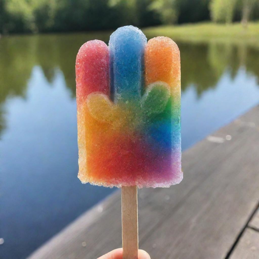 A colorful, paw-shaped popsicle with glistening ice crystals, on a wooden stick, against a refreshing summer background.