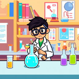 A 32x32 pixel art representation of a scientist in a bright and colorful laboratory setting