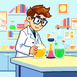 A 32x32 pixel art representation of a scientist in a bright and colorful laboratory setting