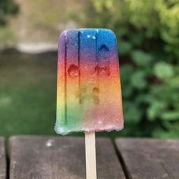 A colorful, paw-shaped popsicle with glistening ice crystals, on a wooden stick, against a refreshing summer background.