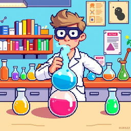 A 32x32 pixel art representation of a scientist in a bright and colorful laboratory setting