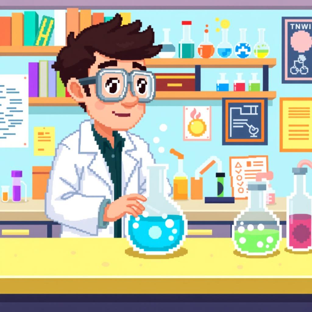 A 32x32 pixel art representation of a scientist in a bright and colorful laboratory setting