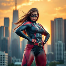 A powerful superheroine, dressed in a sleek and form-fitting costume with bold colors, is confidently posing in an urban environment