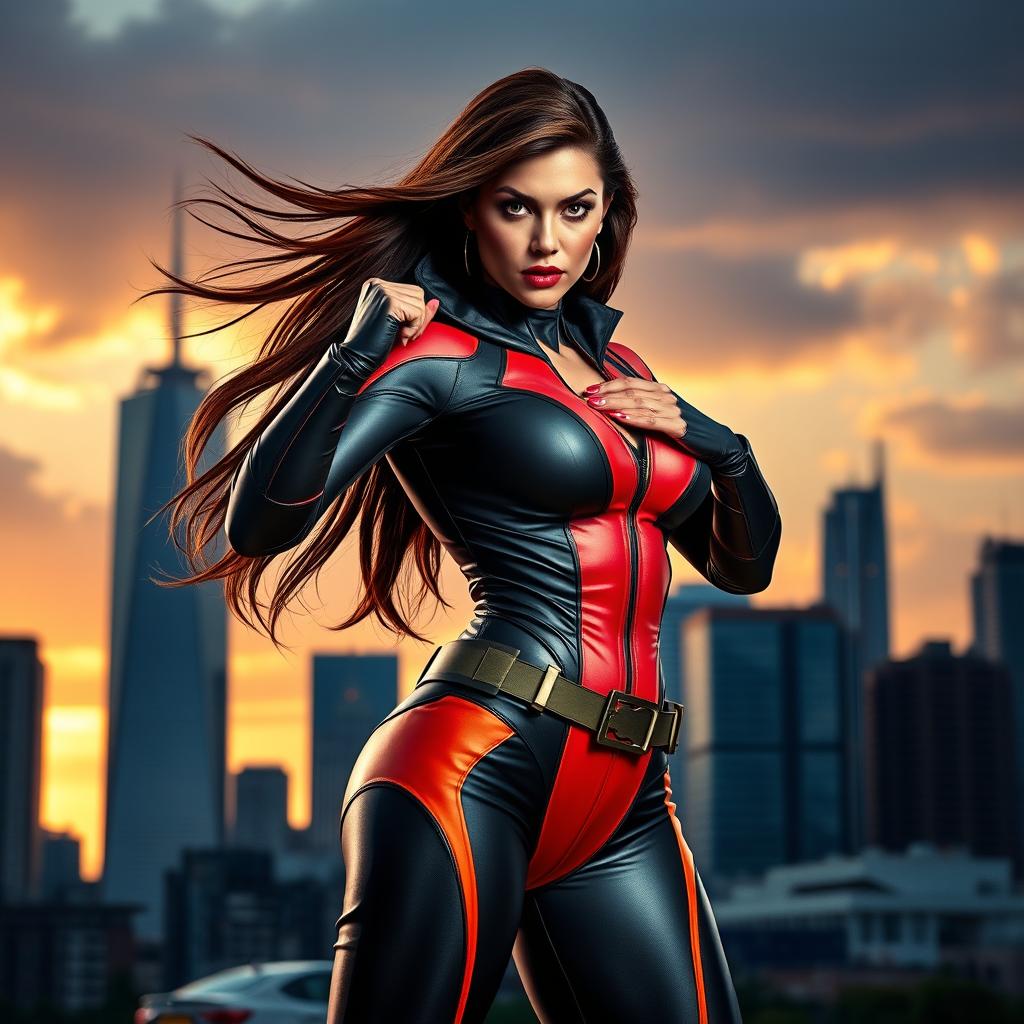 A powerful superheroine, dressed in a sleek and form-fitting costume with bold colors, is confidently posing in an urban environment