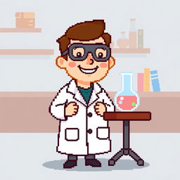 A simple 32x32 pixel art representation of a scientist in a playful style