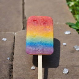 A colorful, paw-shaped popsicle with glistening ice crystals, on a wooden stick, against a refreshing summer background.