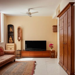 Cozy living room featuring a TV unit, comfortable couch, a temple, an almirah (wardrobe), and a center table in a harmonious setup.