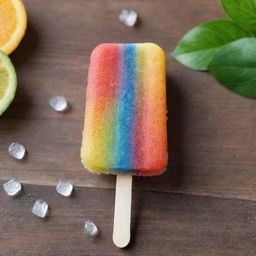 A colorful, paw-shaped popsicle with glistening ice crystals, on a wooden stick, against a refreshing summer background.