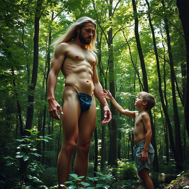 In a surreal forest environment, a nude, handsome, emaciated giant man with long flowing hair, prominently showcasing his ribs and obliques, stands tall over a skinny young man