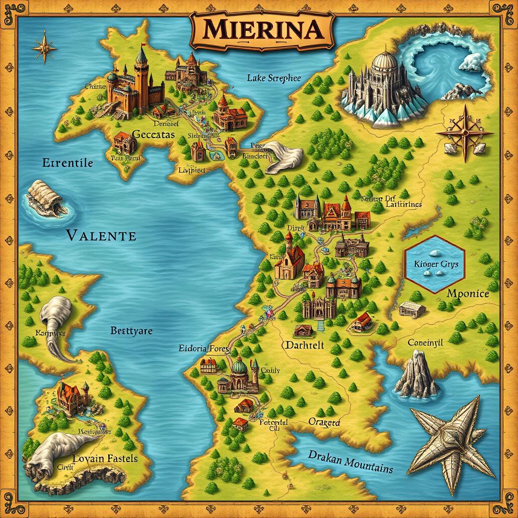 A detailed fantasy map of the Kingdom of Merina, showcasing its vibrant locations and features