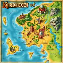 A detailed fantasy map of the Kingdom of Merina, showcasing its vibrant locations and features