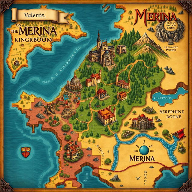 A detailed fantasy map of the Kingdom of Merina, showcasing its vibrant locations and features