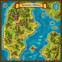 A detailed fantasy map of the Kingdom of Merina, showcasing its vibrant locations and features