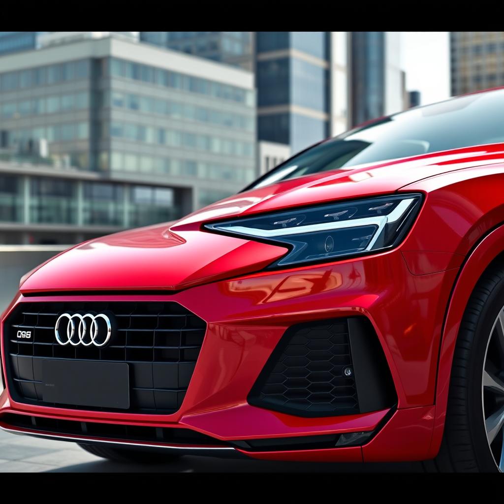 A striking view of a red Audi Q8 parked prominently in an urban environment