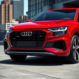 A striking view of a red Audi Q8 parked prominently in an urban environment