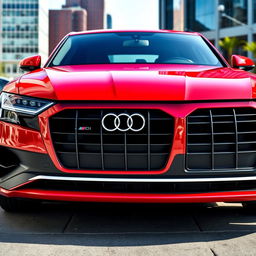 A striking view of a red Audi Q8 parked prominently in an urban environment