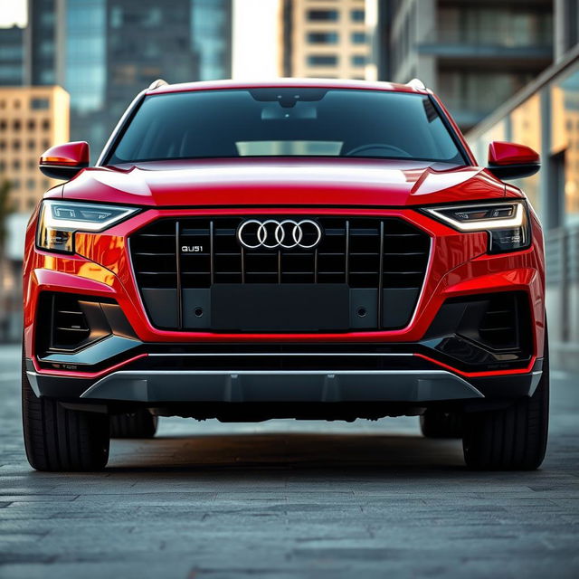 A striking view of a red Audi Q8 parked prominently in an urban environment