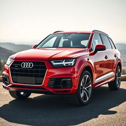 A full-body view of a stunning red Audi Q7 parked confidently against a scenic backdrop