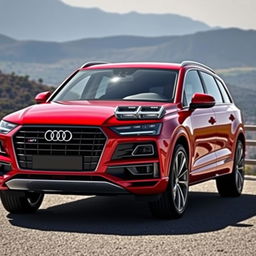 A full-body view of a stunning red Audi Q7 parked confidently against a scenic backdrop