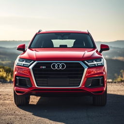 A full-body view of a stunning red Audi Q7 parked confidently against a scenic backdrop