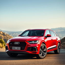 A full-body view of a stunning red Audi Q7 parked confidently against a scenic backdrop