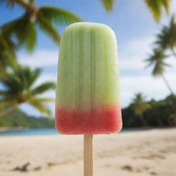 A refreshing, palm-shaped popsicle in tropical flavors, glistening with condensation on a bamboo stick, set against a beachy background.