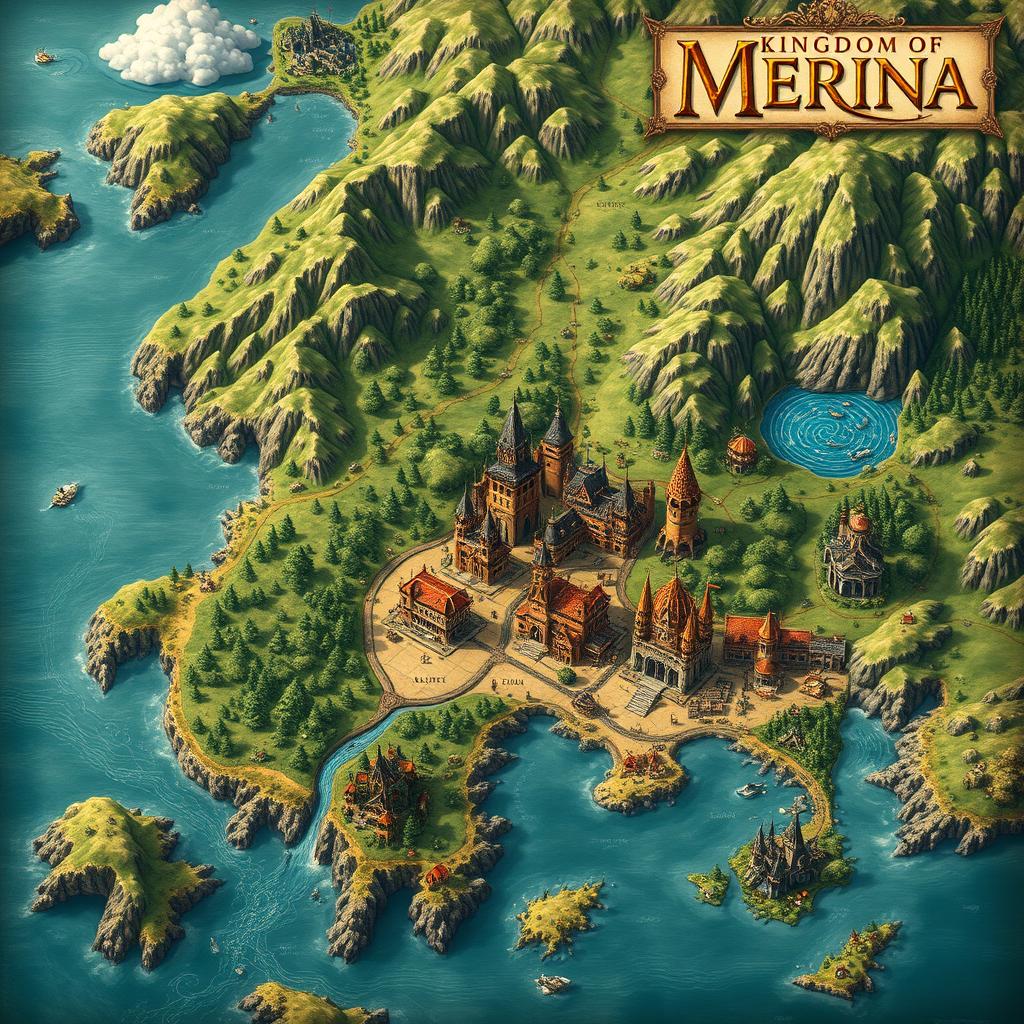 A richly detailed fantasy map illustrating the Kingdom of Merina