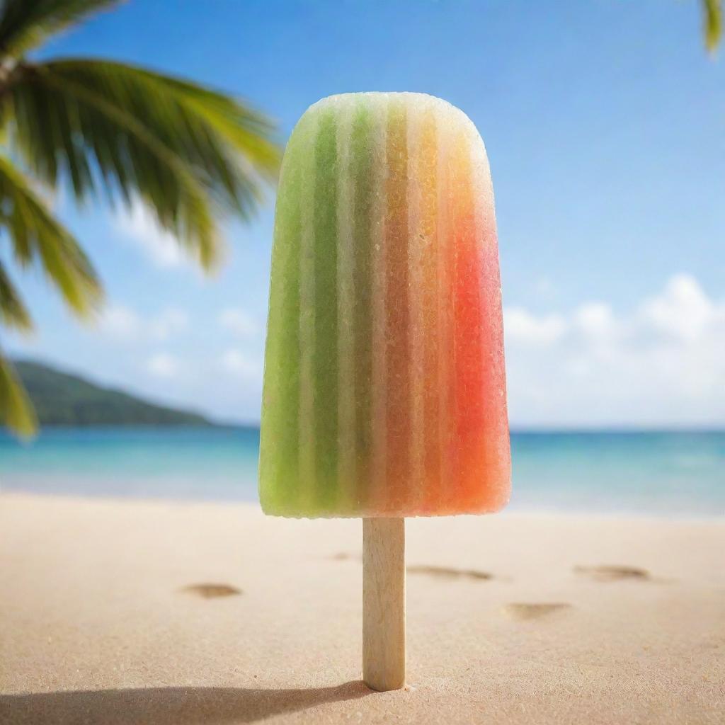 A refreshing, palm-shaped popsicle in tropical flavors, glistening with condensation on a bamboo stick, set against a beachy background.