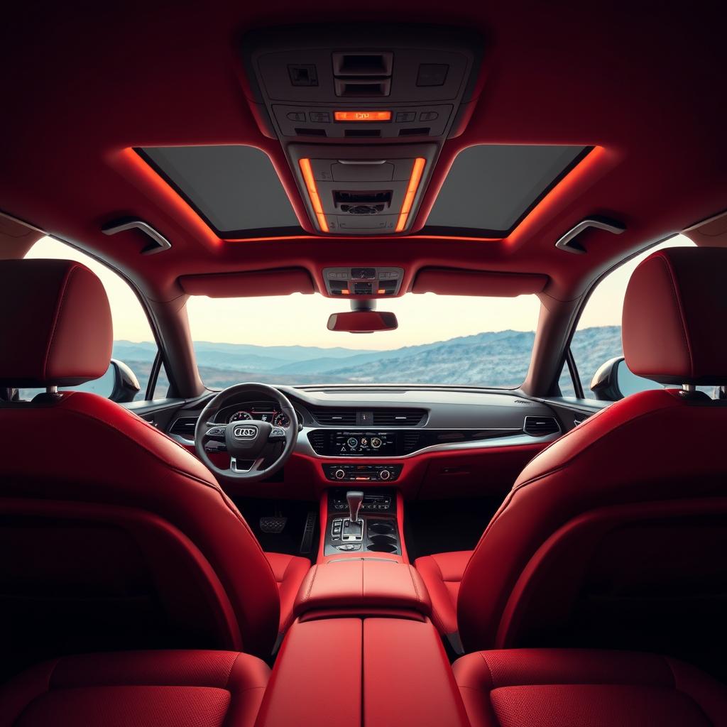 An exquisite view of the interior of a red Audi Q7, showcasing its luxurious design and high-quality materials