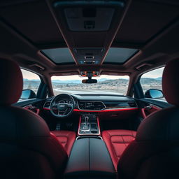 An exquisite view of the interior of a red Audi Q7, showcasing its luxurious design and high-quality materials