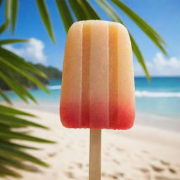 A refreshing, palm-shaped popsicle in tropical flavors, glistening with condensation on a bamboo stick, set against a beachy background.