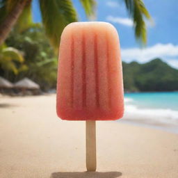 A refreshing, palm-shaped popsicle in tropical flavors, glistening with condensation on a bamboo stick, set against a beachy background.