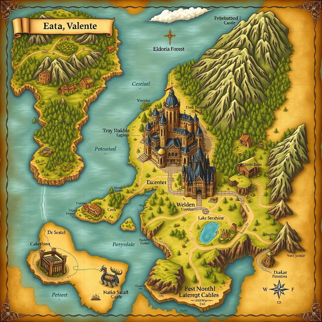 A beautifully illustrated fantasy map of the Kingdom of Merina, showcasing key locations and features