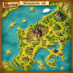 A beautifully illustrated fantasy map of the Kingdom of Merina, showcasing key locations and features