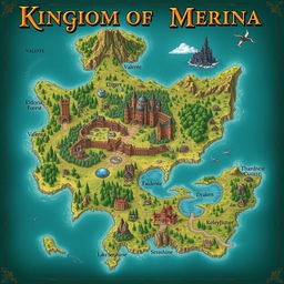 A beautifully illustrated fantasy map of the Kingdom of Merina, showcasing key locations and features