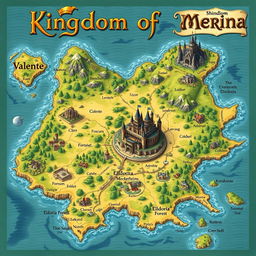 A beautifully illustrated fantasy map of the Kingdom of Merina, showcasing key locations and features